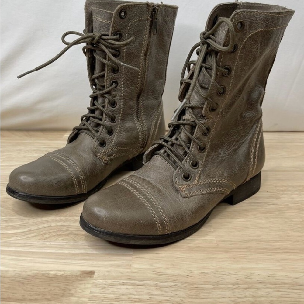 Steve Madden Troopa Taupe Stone Leather Zip Lace Combat Fashion Boots Size 8